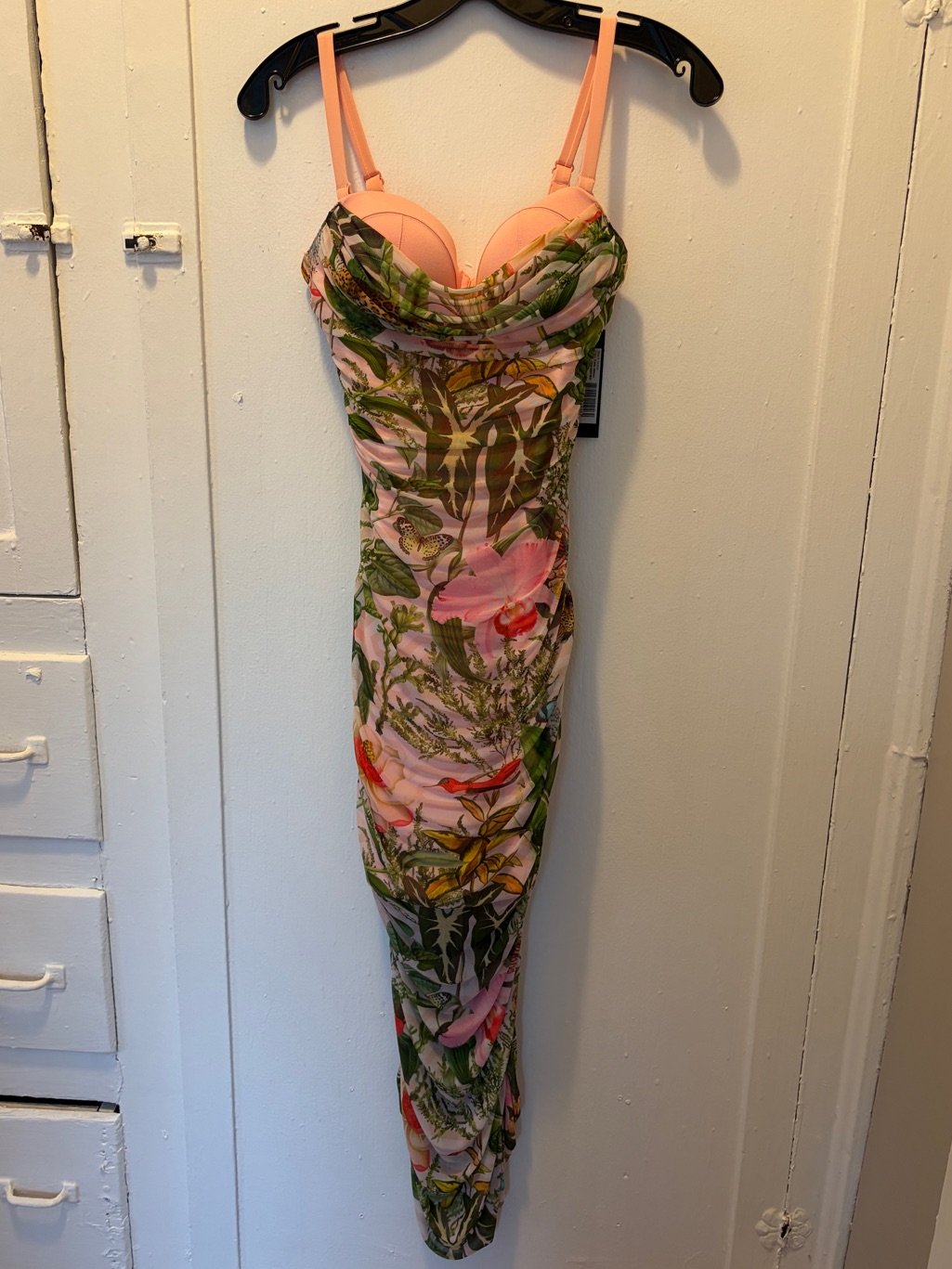 Pink Floral Tropical Midi Dress With Cowl Neck